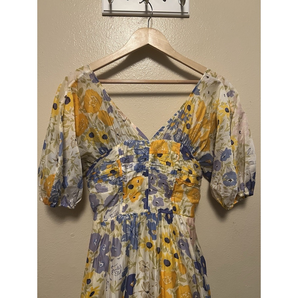 Other Stories Floral Puff Sleeve Tiered Maxi Dress Yellow Blue Orange Romantic 6 - Picture 2 of 16